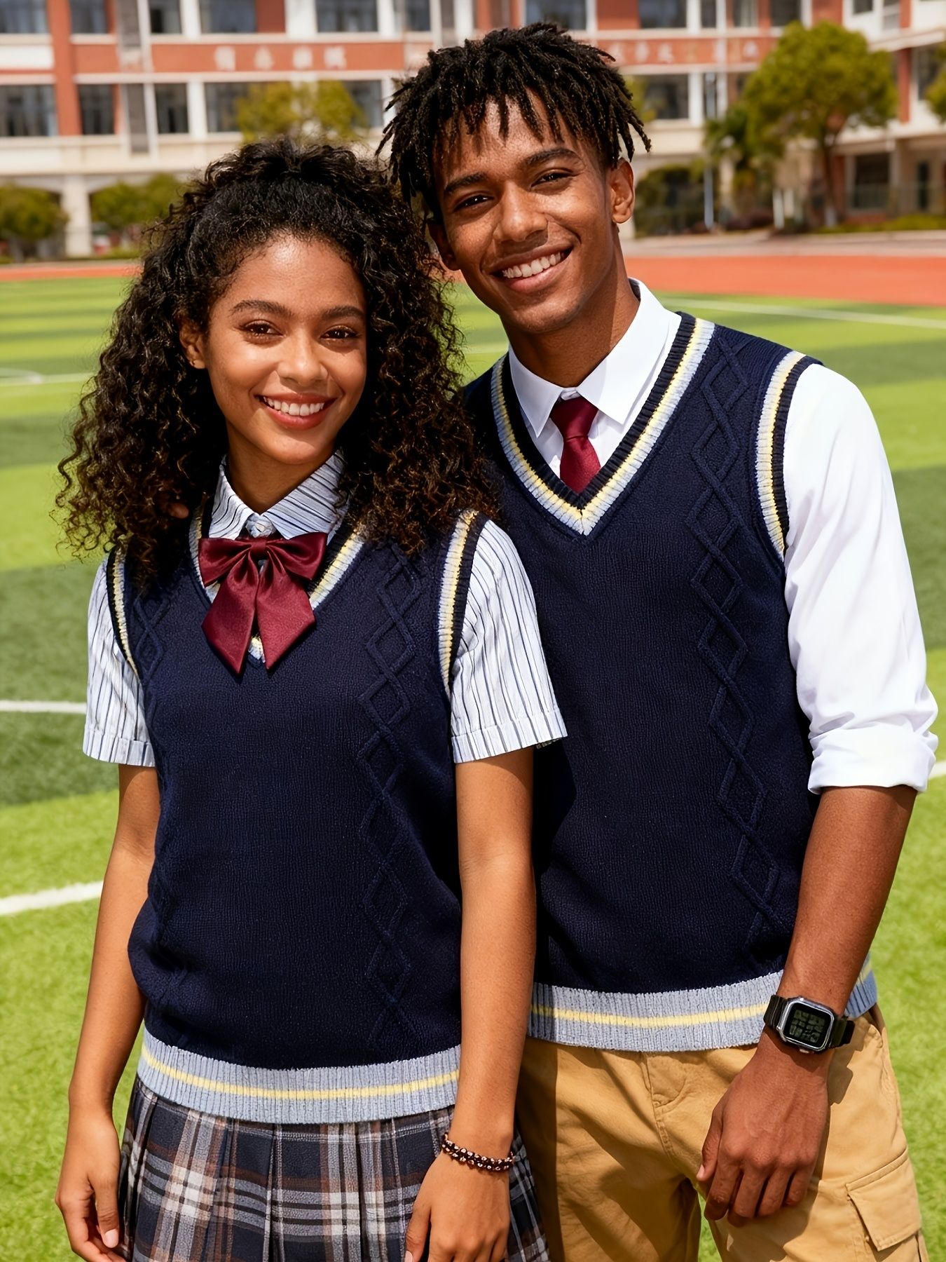 SW005 Cotton Rich Kids V-Neck Argyle Sweater Vest, Boys and Girls Knitwear, Navy Blue, Size 120