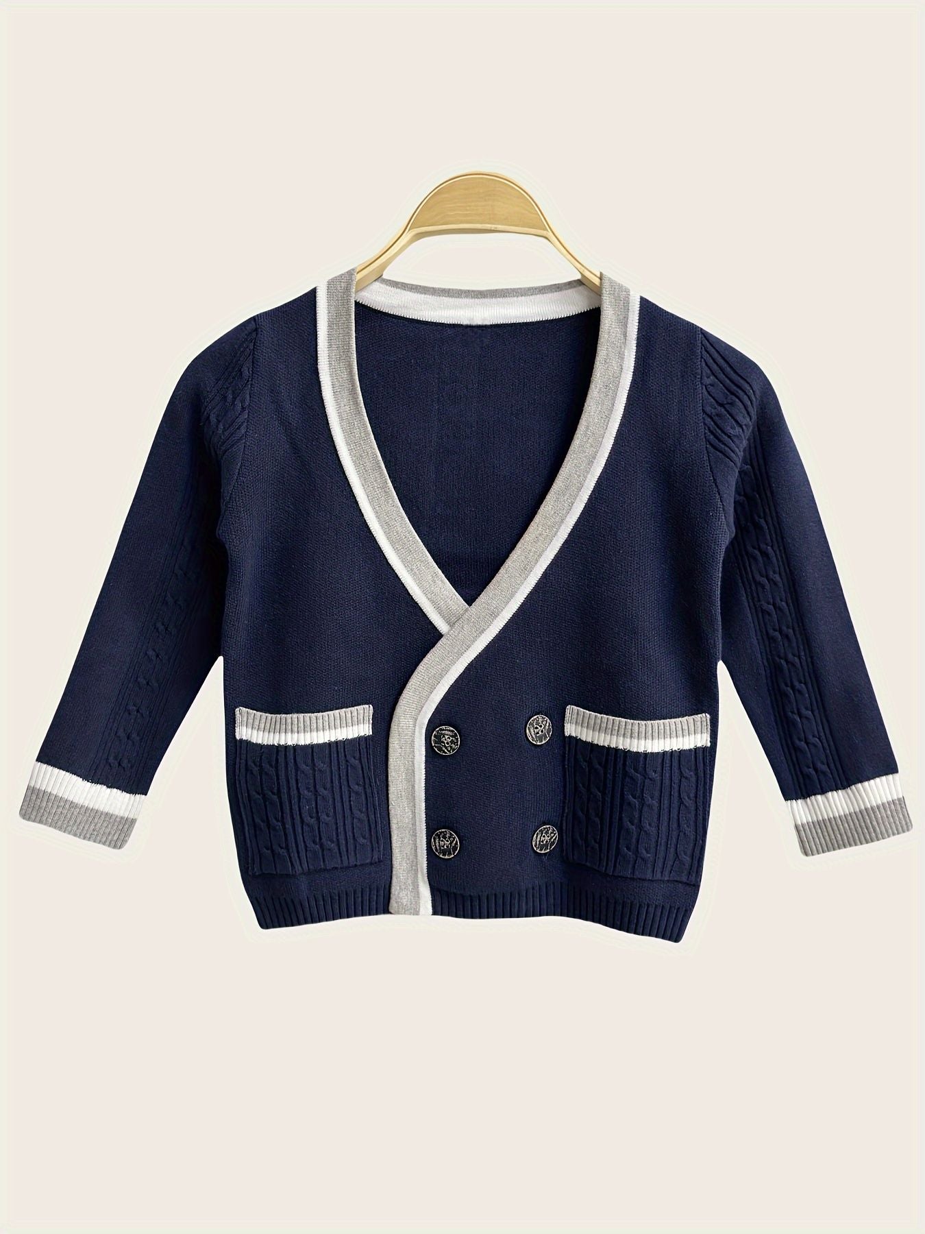 SW015 Cotton Rich Kids V-Neck Long sleeve Button Cardigan, Boys and Girls School Uniform Knitwear, Navy Blue, Size 120