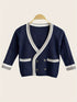 SW015 Cotton Rich Kids V-Neck Long sleeve Button Cardigan, Boys and Girls School Uniform Knitwear, Navy Blue, Size 120