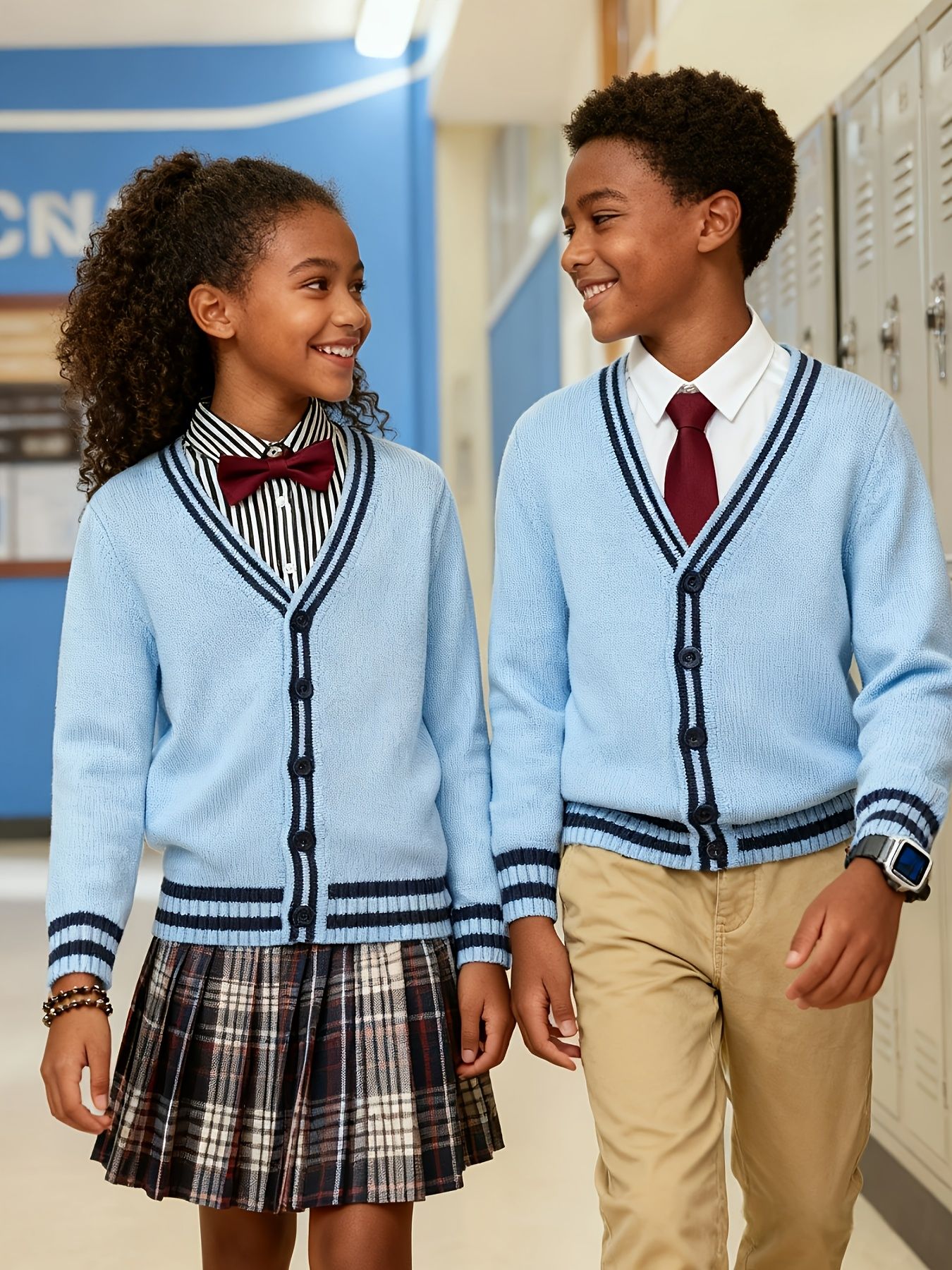 SW017 100% Cotton Kids V-Neck Long sleeve Button Cardigan, Boys and Girls School Uniform Knitwear, Steel Blue, Size 110