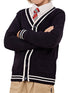 SW019 100% Cotton Kids V-Neck Long sleeve Button Cardigan, Boys and Girls School Uniform Knitwear, Navy Blue, Size 120