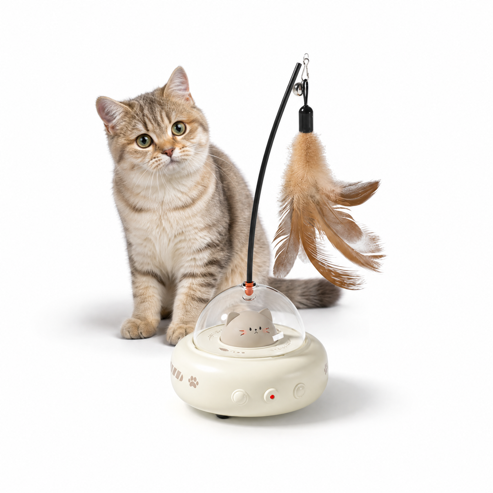 White Smart Cat Teaser Toy Rechargeable Interactive Cat Toy with Red Dot Light, Feather Wand, Obstacle Avoidance, Touch Wake-Up, Auto Standby, Soft Rubber Wheels, Cute Cat Design for Indoor Cats