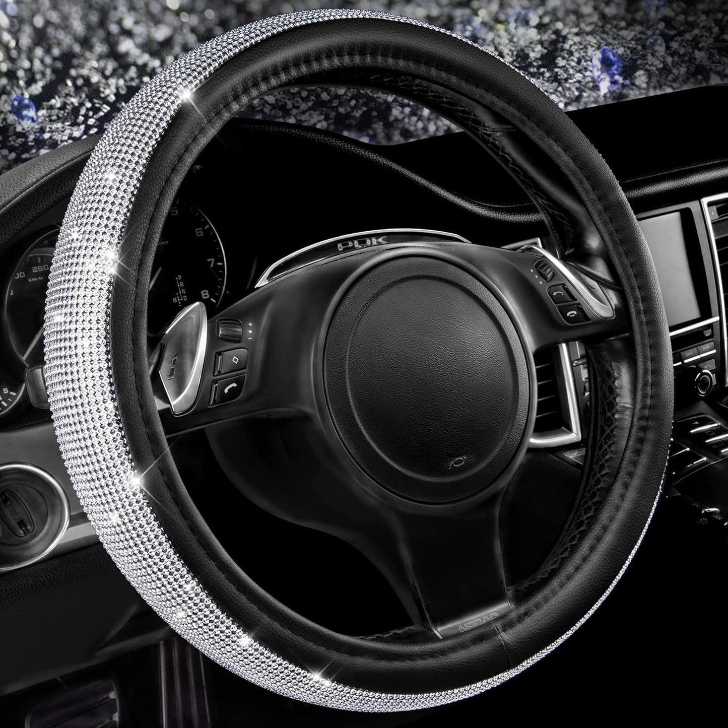 Bling Diamond Leather Steering Wheel Cover, with Bling Sparkly Crystal Glitter Rhinestones Universal Fit 14.5in-15in Car Wheel Protector for Women Girl Fit Suvs,Vans,Sedans,Car,Trucks, Silver