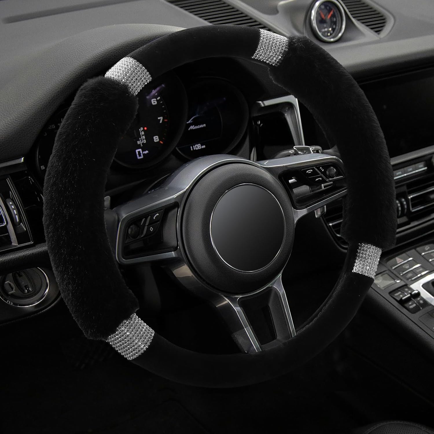 Rhinestone Fluffy Steering Wheel Cover - Comfortable Non-Slip Luxury Faux Wool, Universal Fit for 14.5" to 15" Steering Wheels