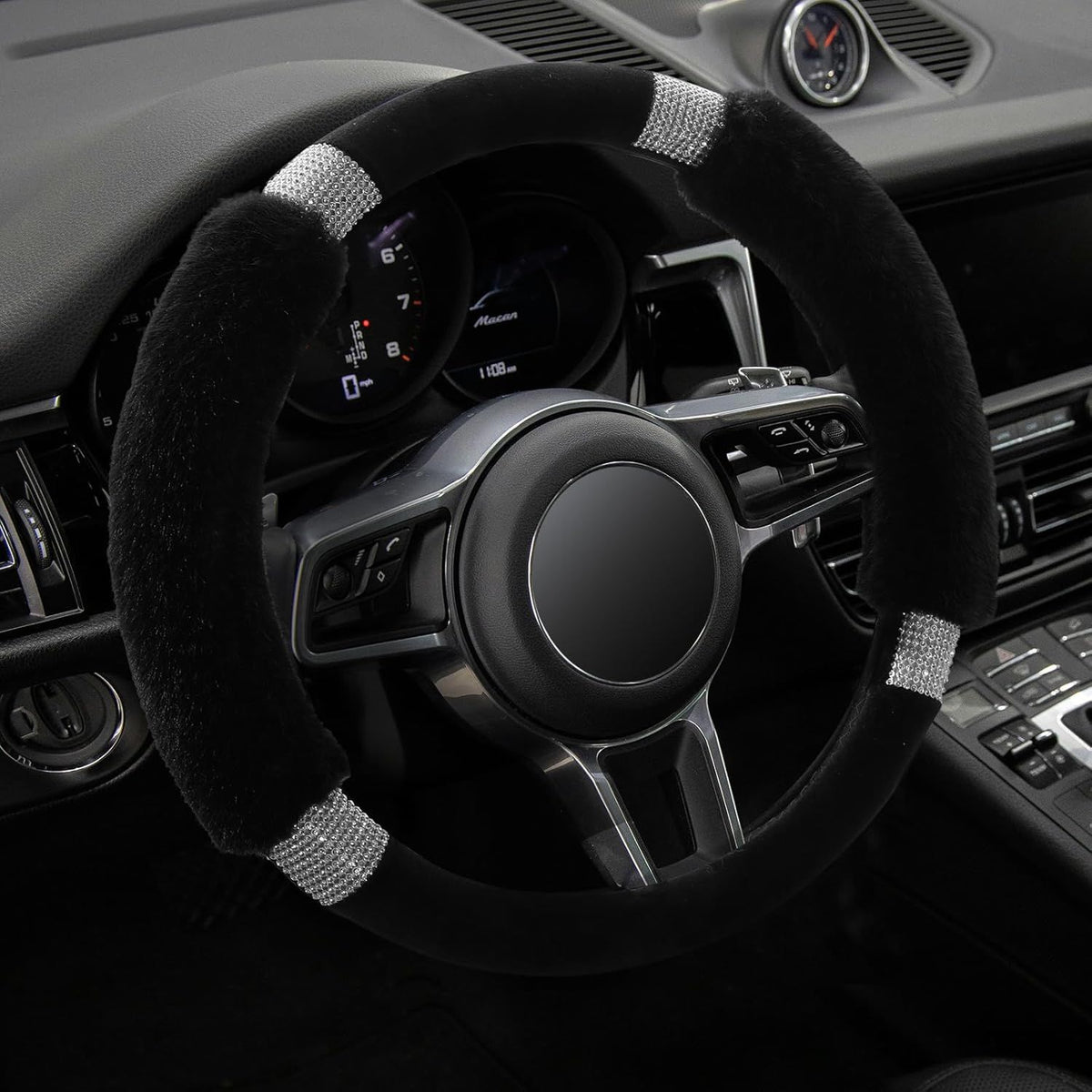 Rhinestone Fluffy Steering Wheel Cover - Comfortable Non-Slip Luxury Faux Wool, Universal Fit for 14.5" to 15" Steering Wheels