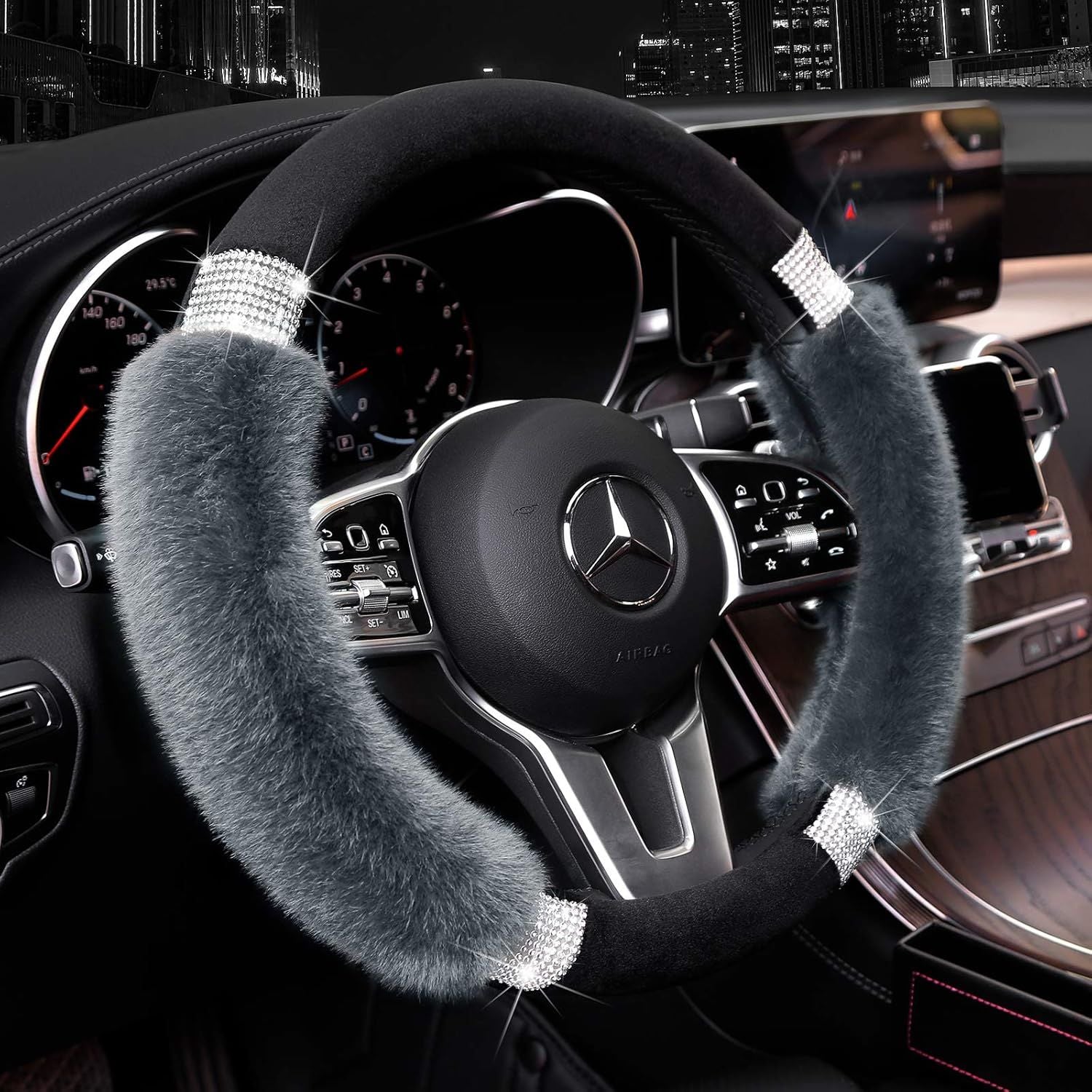 Rhinestone Fluffy Steering Wheel Cover - Comfortable Non-Slip Luxury Faux Wool, Universal Fit for 14.5" to 15" Steering Wheels