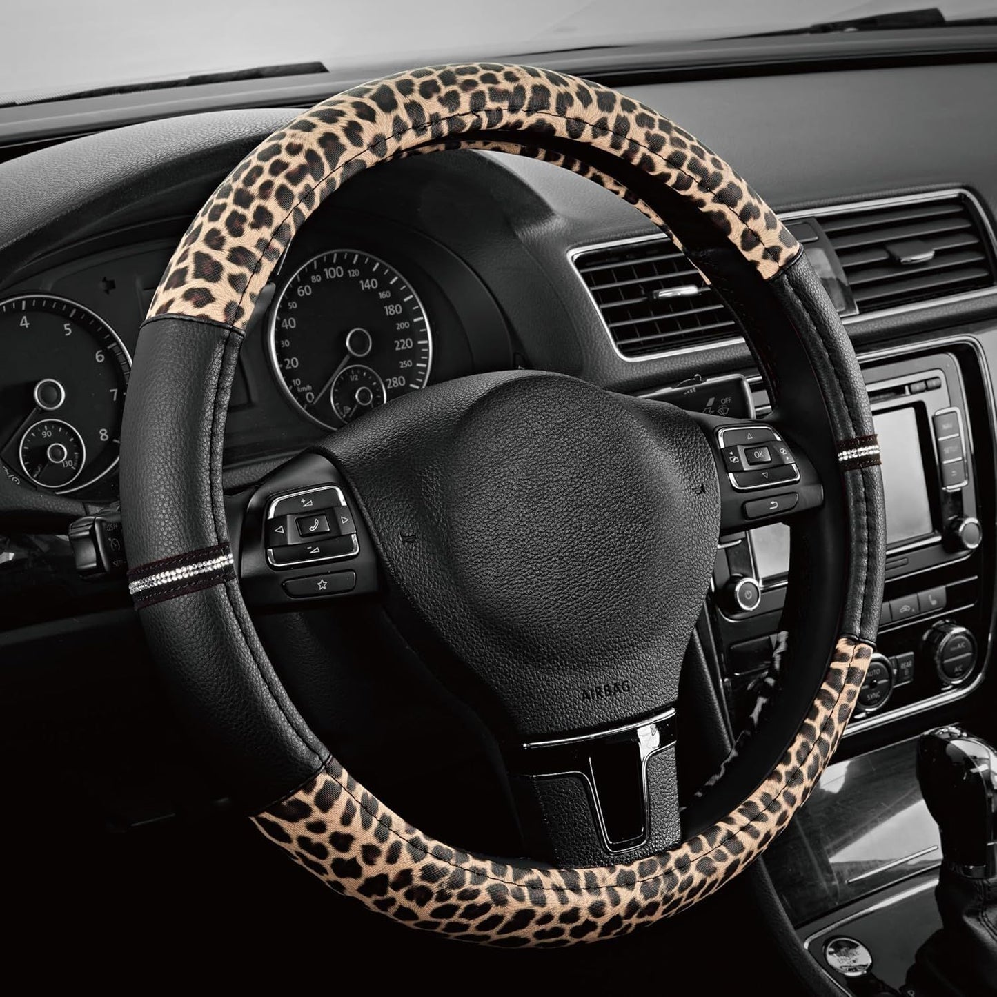 Leopard Steering Wheel Cover - Made with PVC Leather Cheetah Print - Anti-Slip, Universal Fit 14 1/2 inches to 15 inches - Black