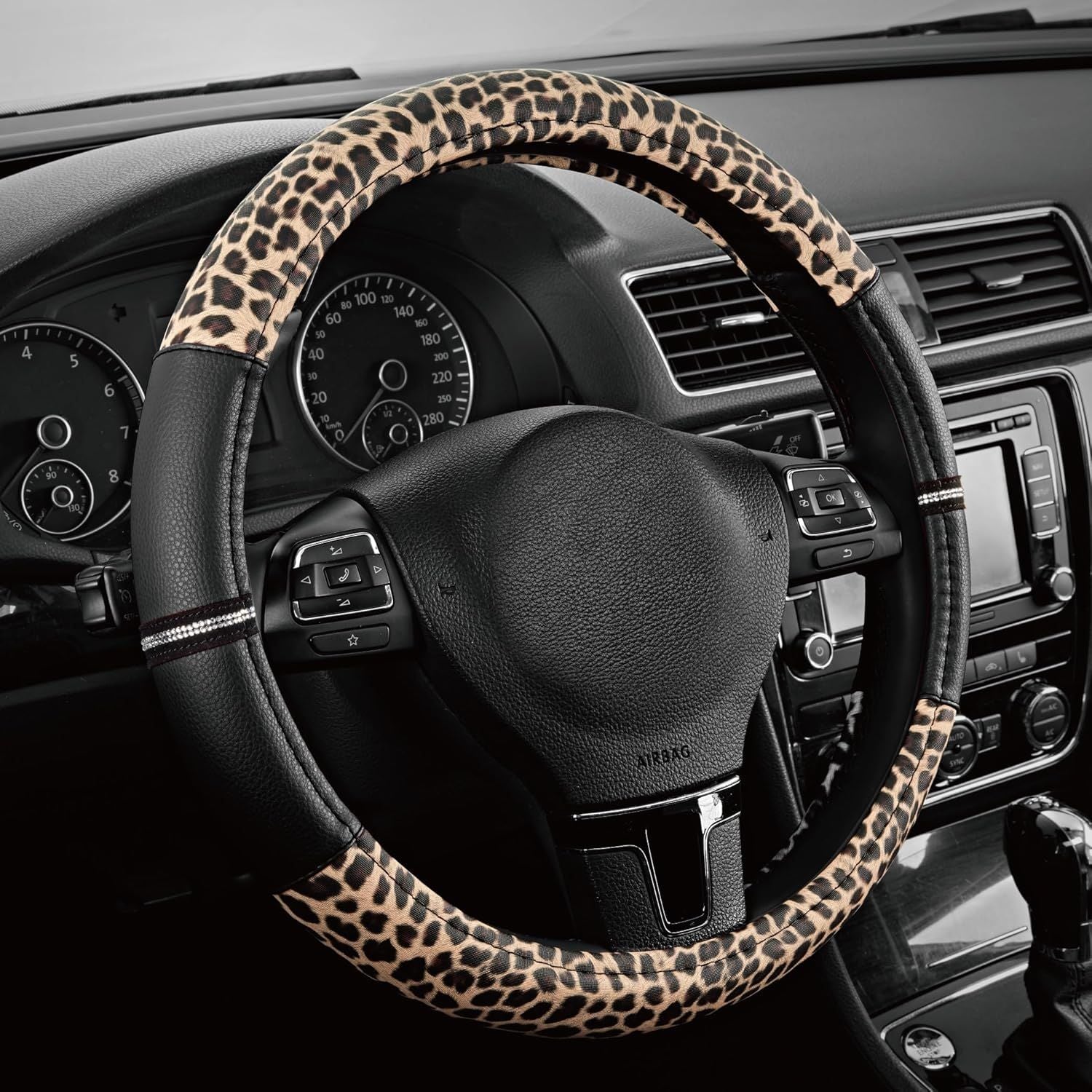 Leopard Steering Wheel Cover - Made with PVC Leather Cheetah Print - Anti-Slip, Universal Fit 14 1/2 inches to 15 inches - Black