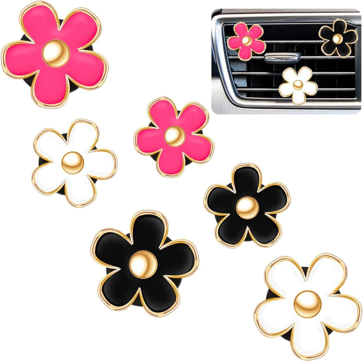 6 Pcs Daisy Flower Air Vent Clip Accessories Air Conditioning Outlet Clip Car Air Freshener Dashboard Accessories Charm Car Inter Decor(3 cm, 3.3 cm,Red, White, Black)