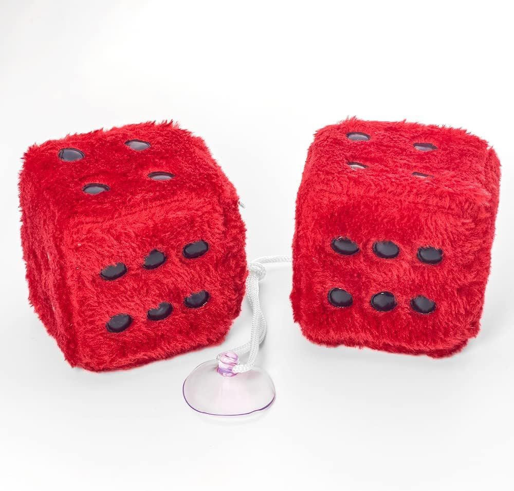 Pair 3” Red with White Dots Mirror Fuzzy Plush Dice,Red and White Soft Plush Car Decorative Hanging Ornament