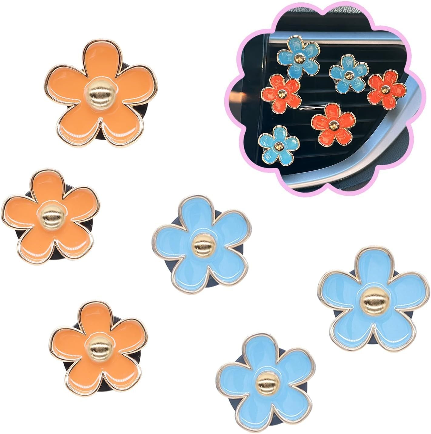 Flower Car Accessories,6pcs Daisy Car Air Freshener Vent Clips,3.3cm/3cm Blue Orange Flowers Decor,Refillable Diffusers for Women