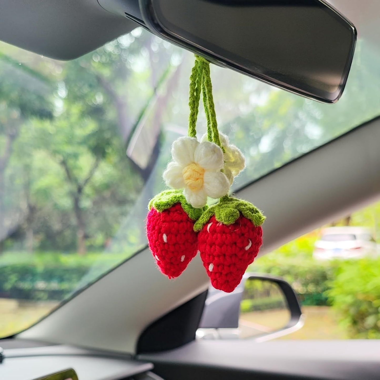 Handmade Crochet Red Strawberry and Flower Car Rear View Mirror Hanging Ornament - Cute Aesthetic Car Accessories for Women and Teens