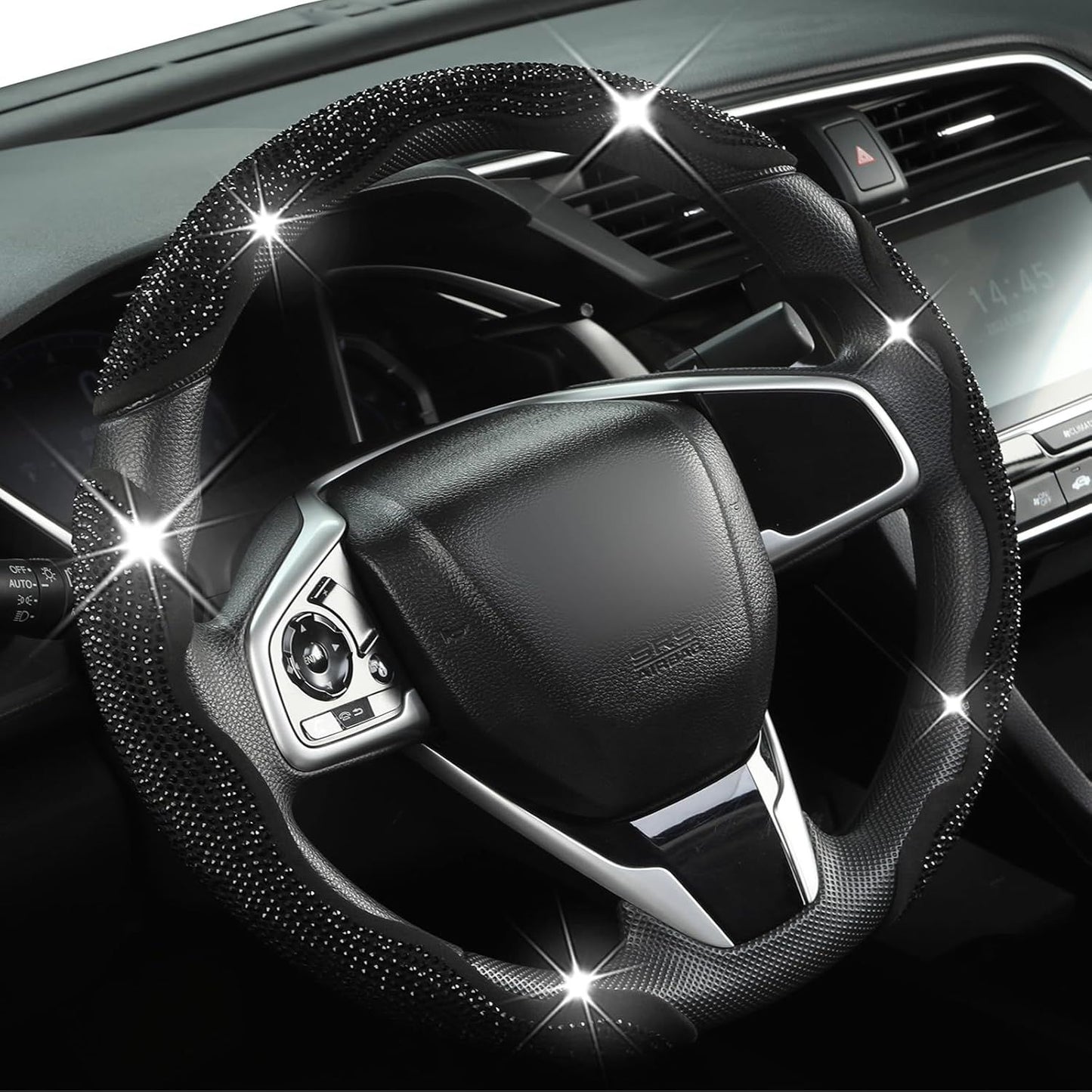Diamond Bling Car Steering Wheel Cover with Crystal Rhinestones,3PCS Segmented Steering Wheel Protector,Universal for 99% Cars for Women(Black with Black Diamond)