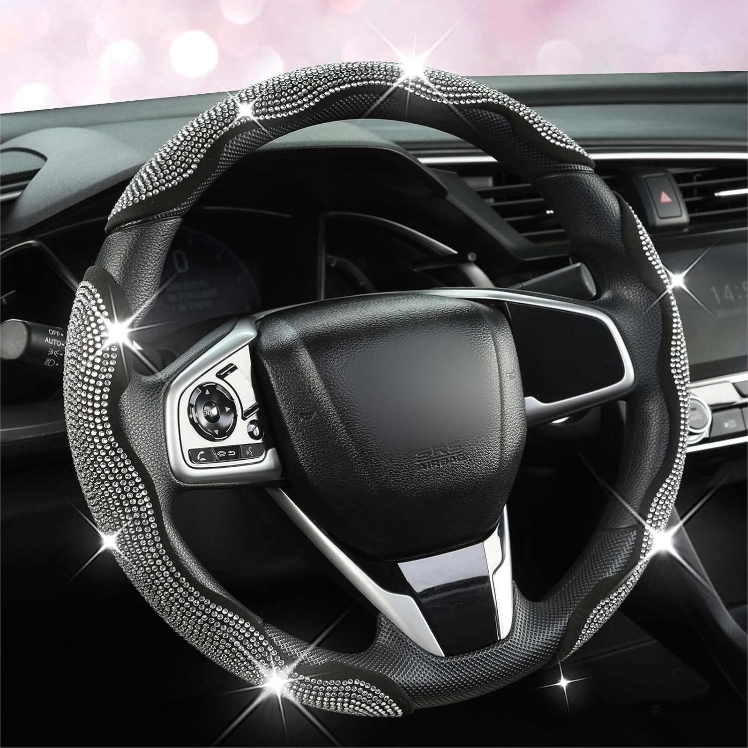 Diamond Bling Car Steering Wheel Cover with Crystal Rhinestones,3PCS Segmented Steering Wheel Protector,Universal for 99% Cars for Women(Black with White Diamond)