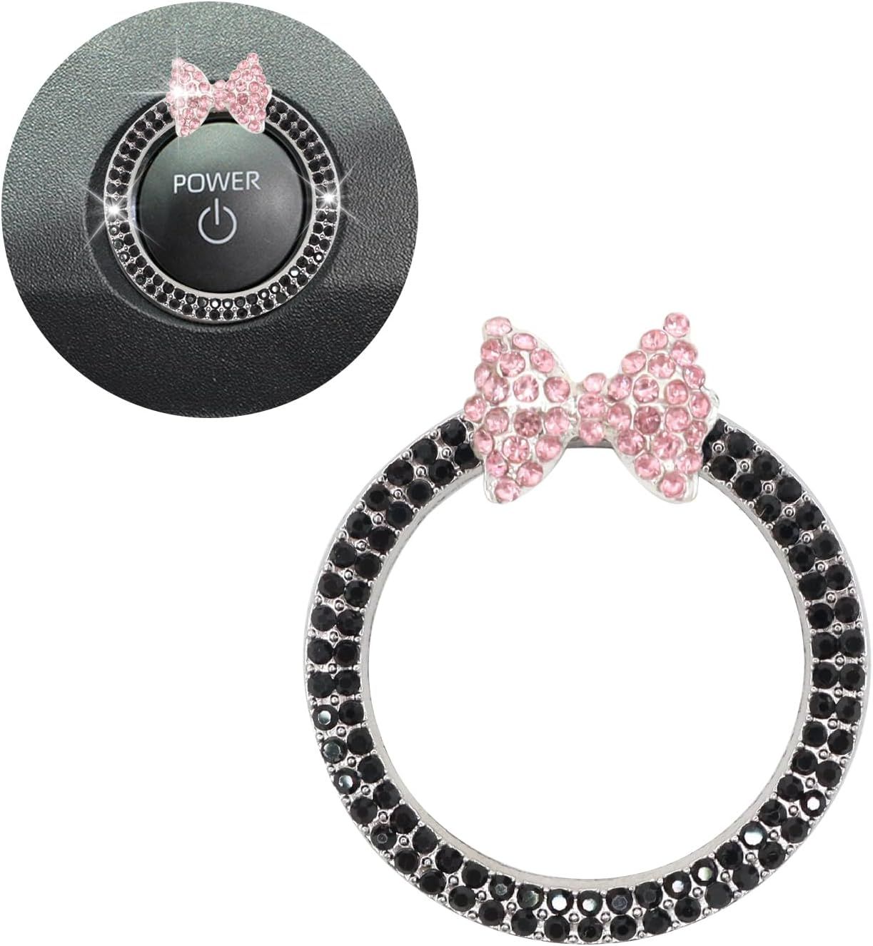  Bow Car Accessories,Pink Bow Tie Push Start Button Rhinestone Ring,Black Engine Start Stop Button Ring Car Decor,Bling Girly Ignition Charm
