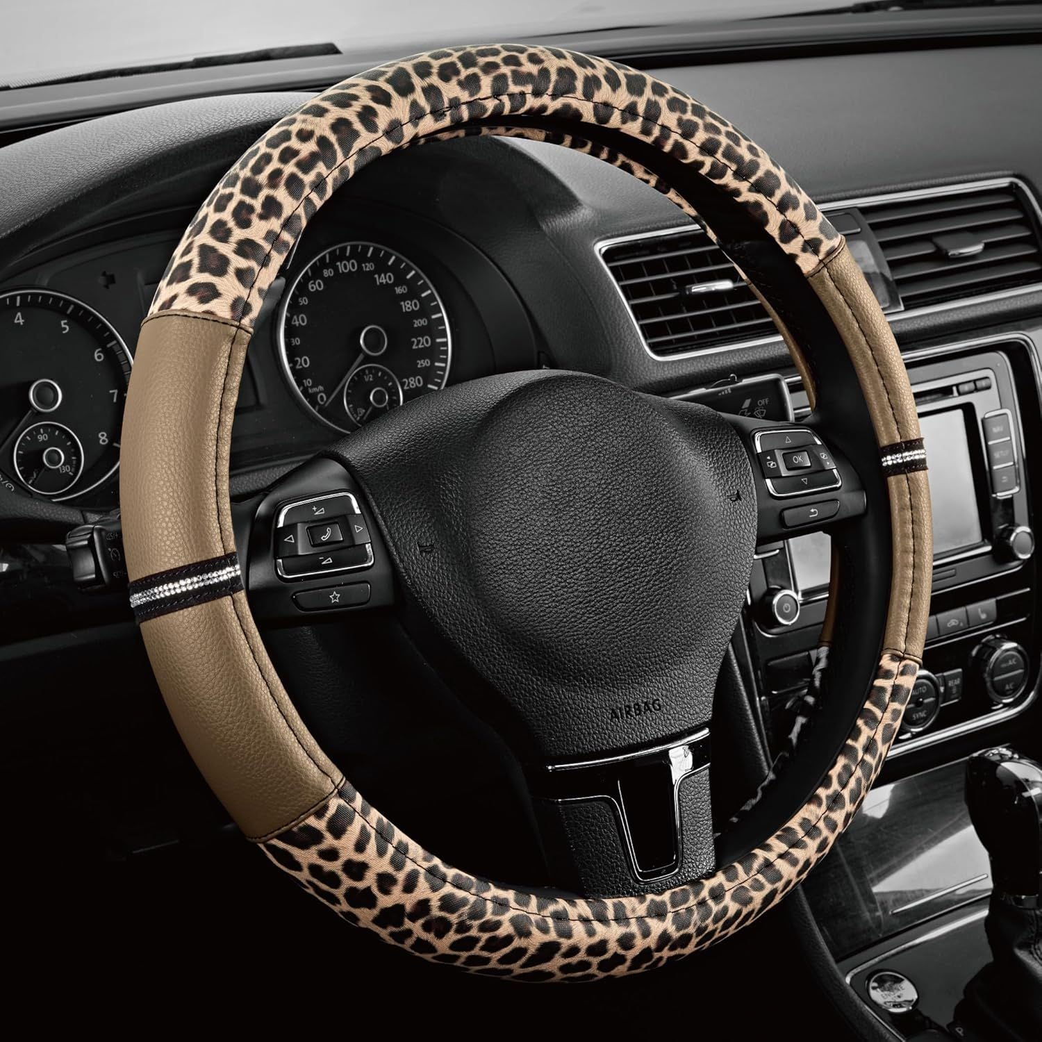  Leopard Steering Wheel Cover for Women, Cute Anti-Slip Microfiber Leather, Universal Fit 14.5-15 Inch Round Steering Wheel - Beige