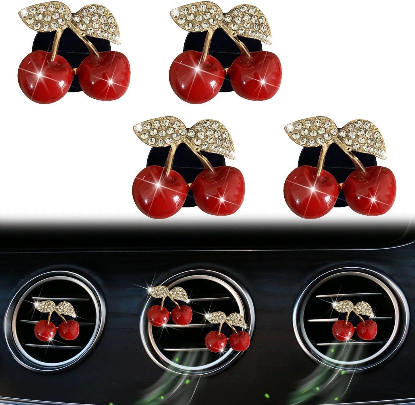 4 Pcs Cherry Car Air Vent Freshener Clip, Rhinestone Car Air Outlet Fragrance Freshener, Bling Cute Automobile Accessories Decoration for Women,Air Fresheners Decor（Odor Random）