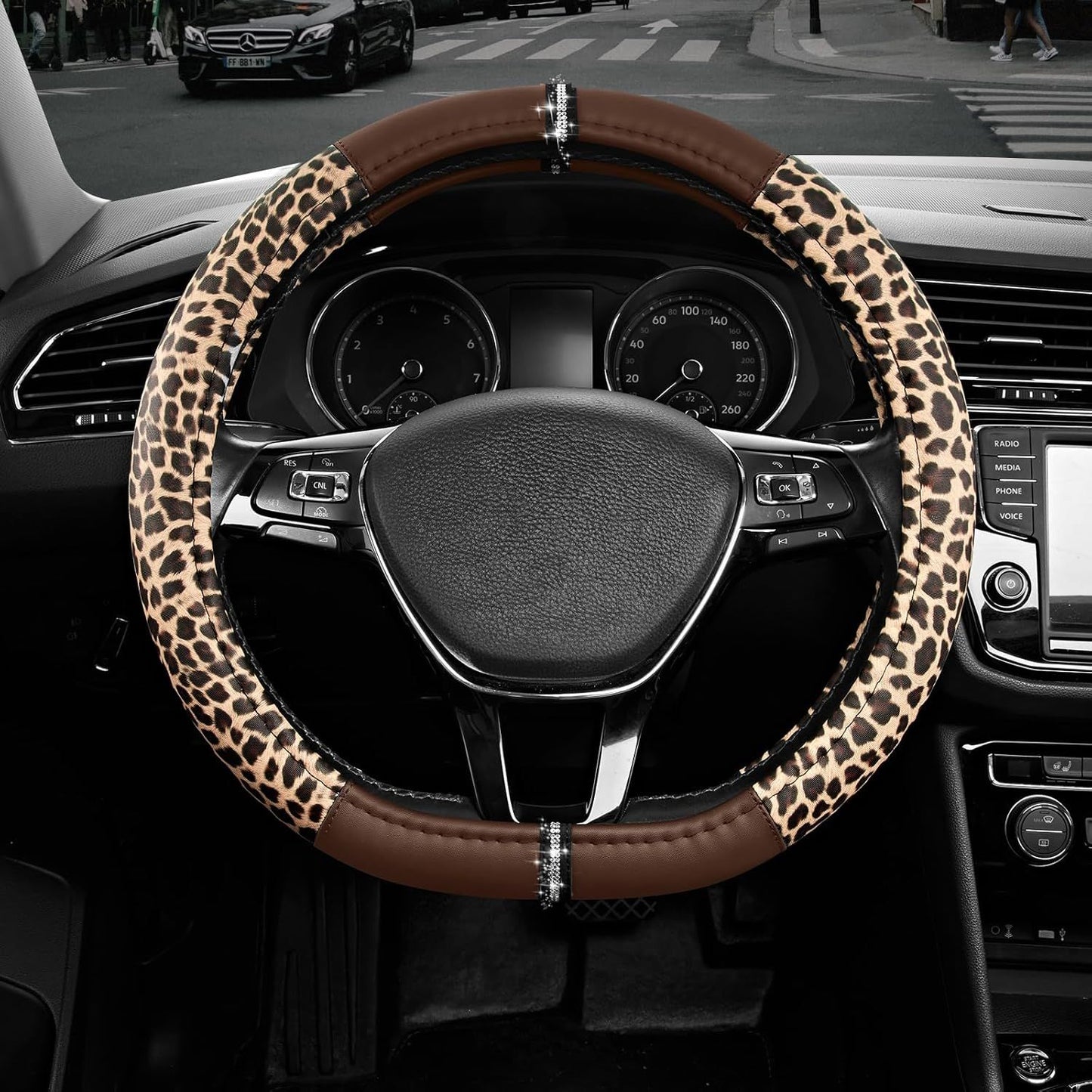Leopard Steering Wheel Cover for Women, Cute Anti-Slip Microfiber Leather, Fits D Shape Flat Bottom Steering Wheel 14.5-15 Inch - Brown