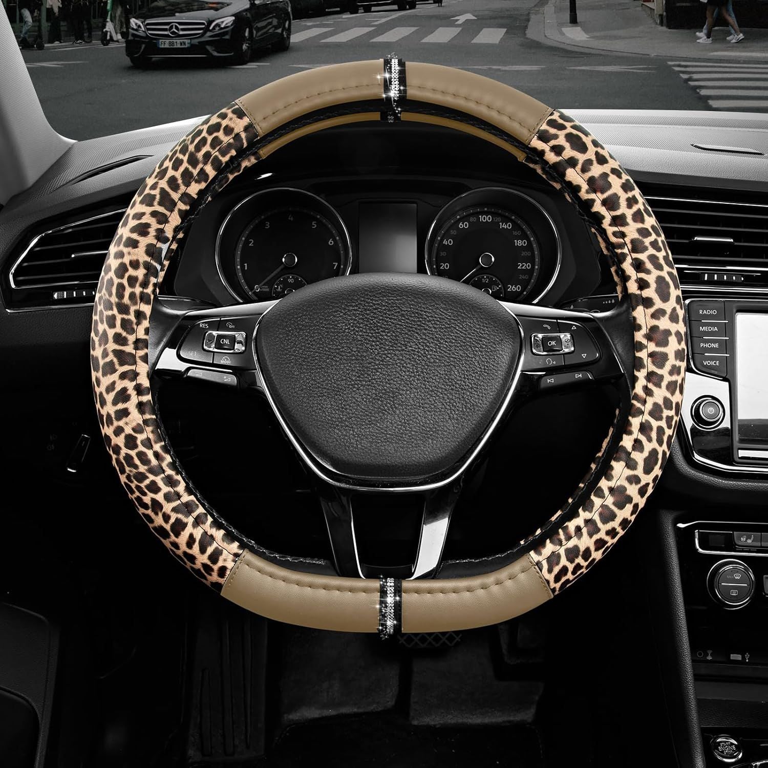 Leopard Steering Wheel Cover for Women, Cute Anti-Slip Microfiber Leather, Fits D Shape Flat Bottom Steering Wheel 14.5-15 Inch - Beige
