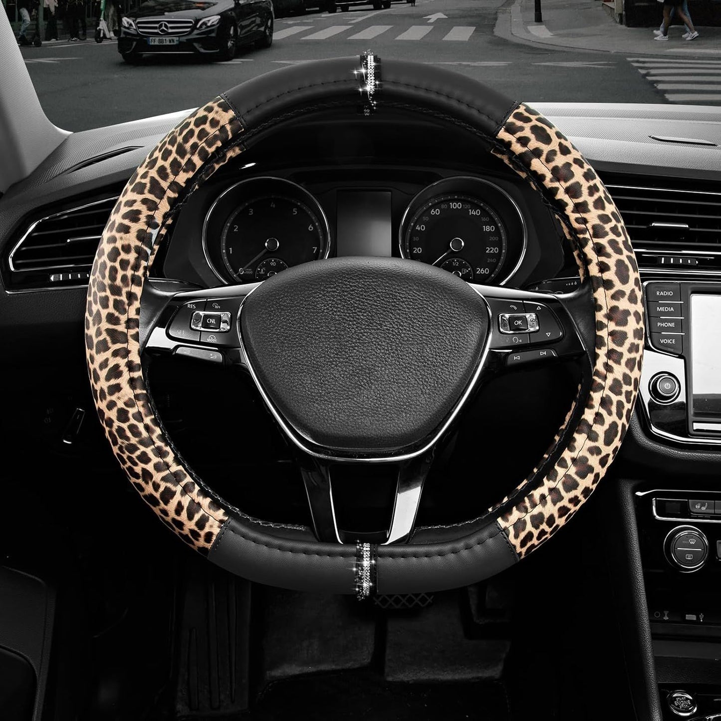 Leopard Steering Wheel Cover for Women, Cute Anti-Slip Microfiber Leather, Fits D Shape Flat Bottom Steering Wheel 14.5-15 Inch - Black