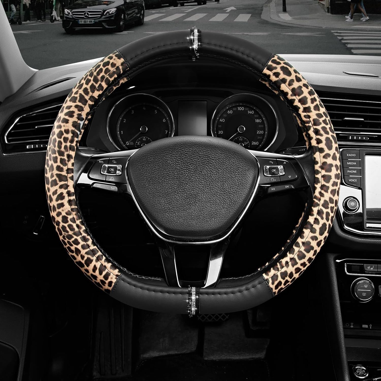 Leopard Steering Wheel Cover for Women, Cute Anti-Slip Microfiber Leather, Fits D Shape Flat Bottom Steering Wheel 14.5-15 Inch - Black