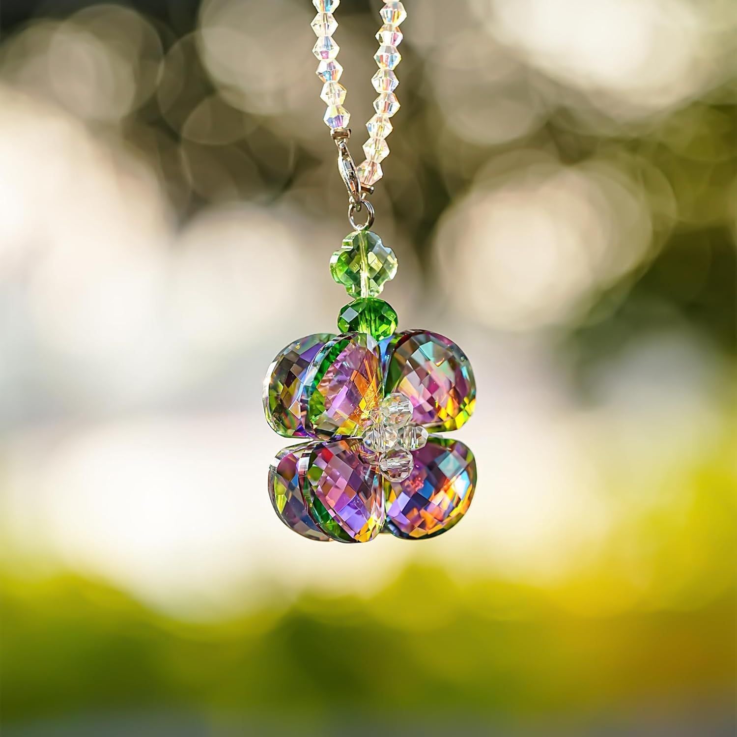  Crystal Four Leaf Clover Car Rear View Mirror Pendant Hanging Ornament for Car Accessories, Backpack, or Bag Decor