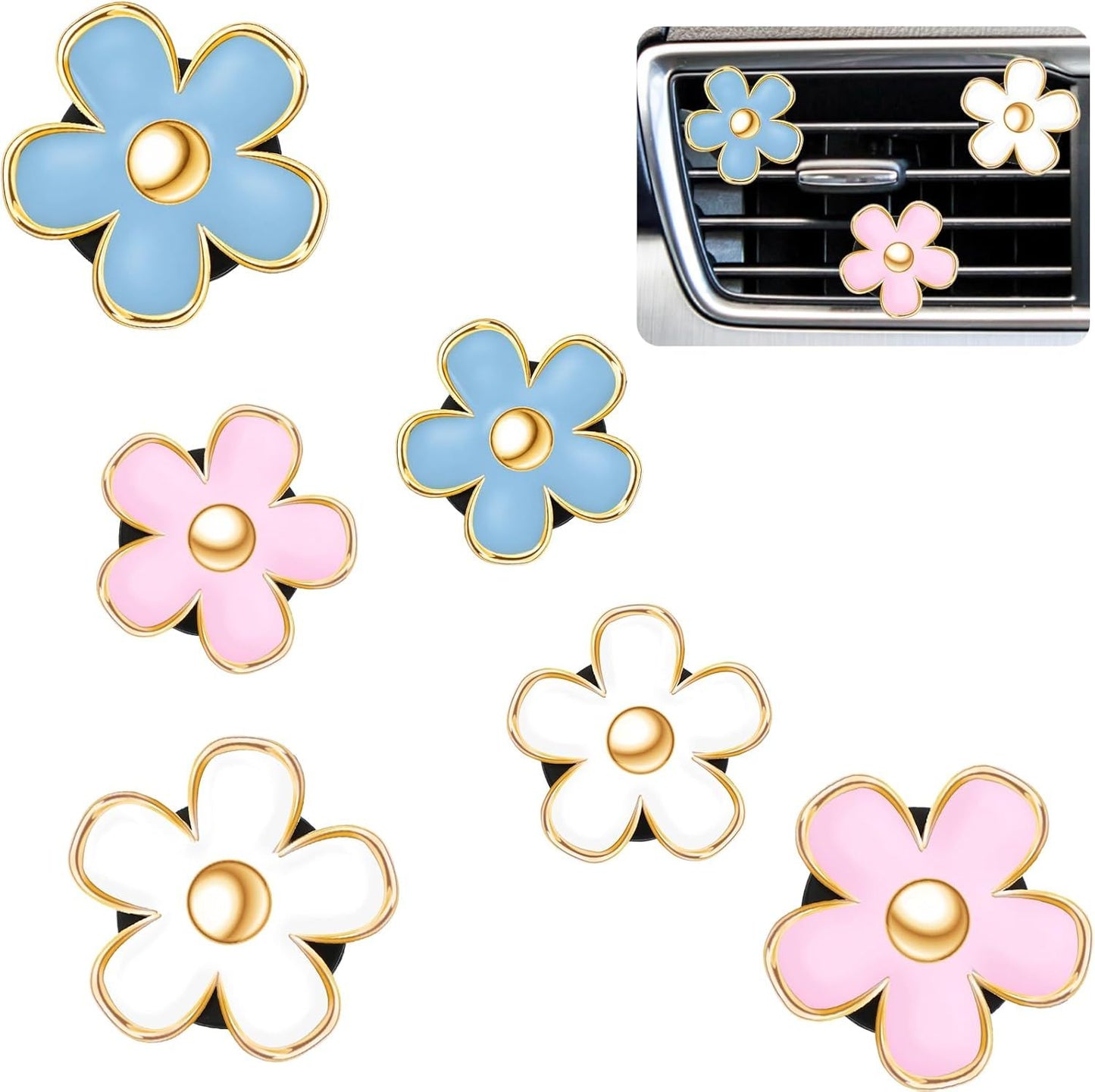 6 Pcs Daisy Flower Air Vent Clip Accessories Air Conditioning Outlet Clip Car Freshener Dashboard Accessories Charm Car Inter Decor(Blue, Pink,White,3/3.3 cm)