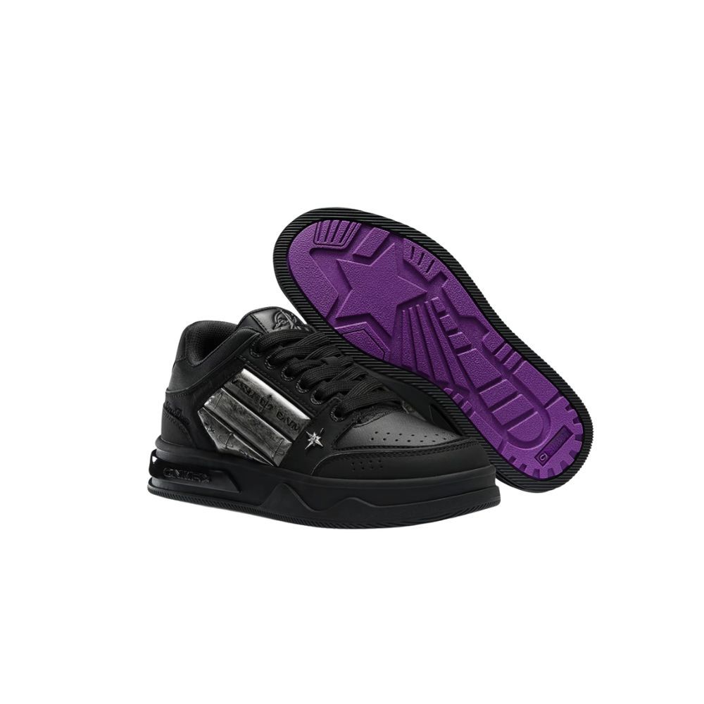 Black Metal Star Skate Shoes for Men Women, Black Purple Contrast Sole Platform Sneakers, Vintage Streetwear Mid Top Casual Walking Shoes AU Men Size 8.5