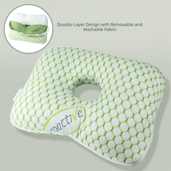 Green Ergonomic Ear Pillow with Hole for Side Sleepers, Ear Pain Relief Cushion, Washable Cover for Piercing & CNH