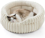 Cat Bed, Washable Round Cute Cat Beds for Indoor Cats, Super Soft Corduroy Pet Bed for Puppy and Kitten with Anti-Slip Bottom, 23''x23''x8.5'', Cream
