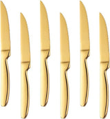 6 Pack Gold Serrated Steak Knives, 8.6 Inch Heavy Duty Stainless Steel Table Knives for Beef Meat Cutting, Dishwasher Safe Dinner Knives Set