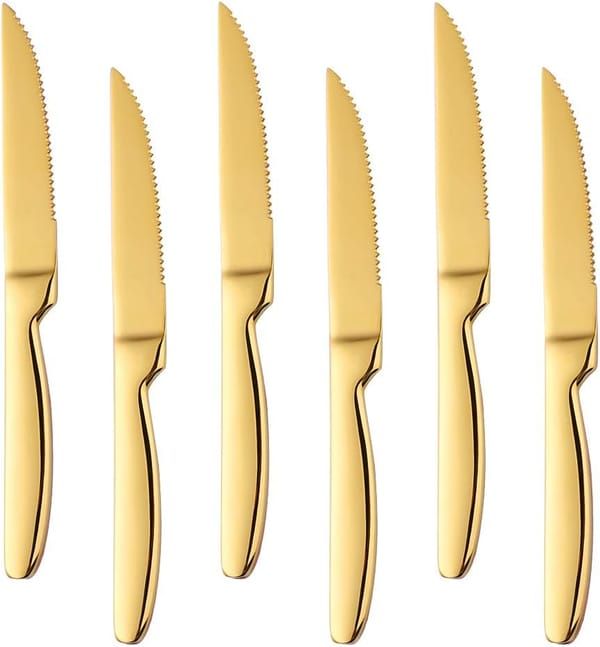 6 Pack Gold Serrated Steak Knives, 8.6 Inch Heavy Duty Stainless Steel Table Knives for Beef Meat Cutting, Dishwasher Safe Dinner Knives Set