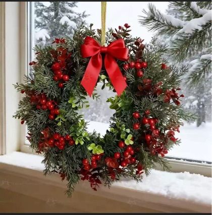 Lifelike Artificial Holiday Wreath, Dense Eucalyptus Foliage with Holly Red Berries & Satin Red Bow, Classic Winter Front Door Wreath for Australian Christmas Farmhouse Styling