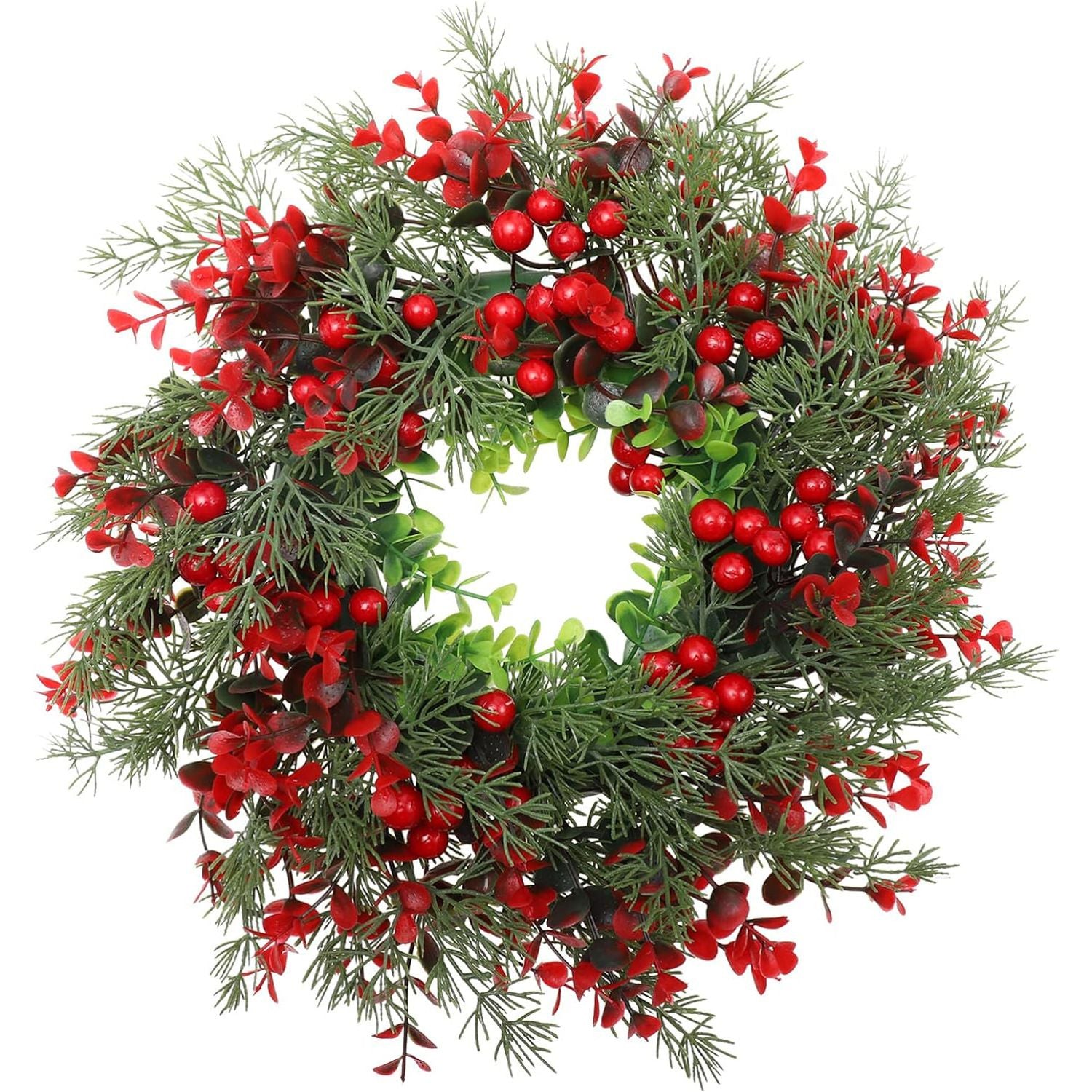 3PCS Lifelike Artificial Holiday Wreath Bundle, Dense Eucalyptus Foliage with Holly Red Berries & Satin Red Bow, Classic Winter Front Door Wreath Multipack for Australian Christmas Farmhouse Styling
