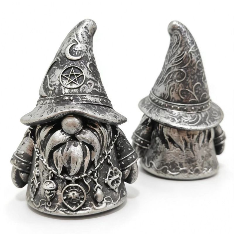 2PCS Antique Silver Gothic Wizard Gnome Figurine Set, Pentagram Moon Wicca Dwarf Resin Statues, Dark Aesthetic Tabletop Decor for Australian Witchy & Bohemian Home Styling