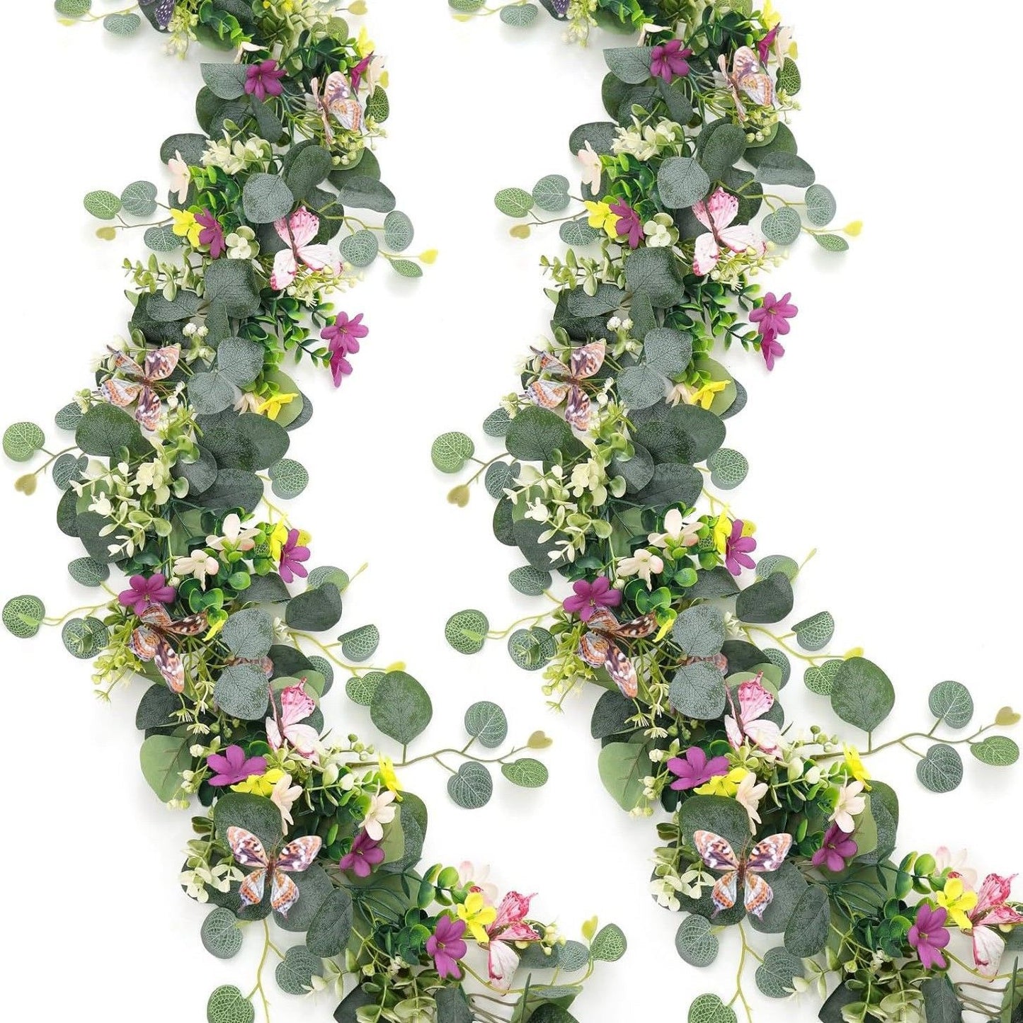 2 Pack Artificial Eucalyptus Garland with 3D Butterflies, Mixed Purple Yellow White Wildflower Fake Greenery Vine, 1.8m Bendable Floral Table Runner, Spring Farmhouse Decor for Wedding Dining Table Mantel Arch Covered Outdoor Patio