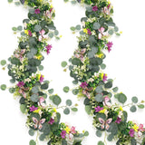 2 Pack Artificial Eucalyptus Garland with 3D Butterflies, Mixed Purple Yellow White Wildflower Fake Greenery Vine, 1.8m Bendable Floral Table Runner, Spring Farmhouse Decor for Wedding Dining Table Mantel Arch Covered Outdoor Patio