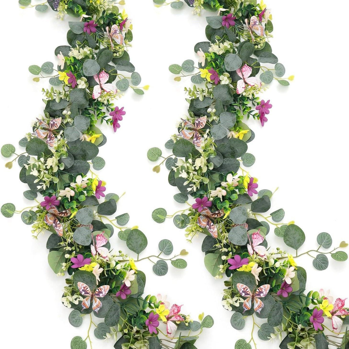 2 Pack Artificial Eucalyptus Garland with 3D Butterflies, Mixed Purple Yellow White Wildflower Fake Greenery Vine, 1.8m Bendable Floral Table Runner, Spring Farmhouse Decor for Wedding Dining Table Mantel Arch Covered Outdoor Patio