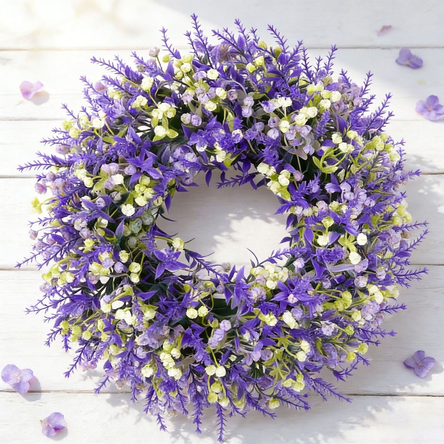 Artificial Lavender Floral Wreath, Purple White Yellow Mixed Spring Summer Front Door Wreath, Rustic Farmhouse Wreath for Outdoor Covered Porch Wall Window Wedding Home Decor
