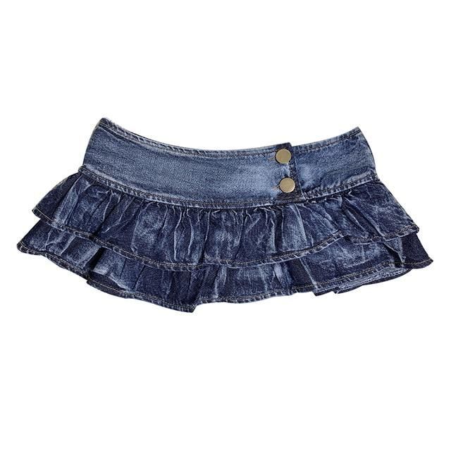 House Of Dasein Pleated Ruffles Super Mini Low Waist Denim Skirt Women - Blue - L