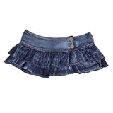 House Of Dasein Pleated Ruffles Super Mini Low Waist Denim Skirt Women - Blue - S