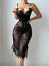 House Of Dasein Lace Hollow Out Red Sexy Chest Exposing Bodycon Lingerie Dress - Black - Xl
