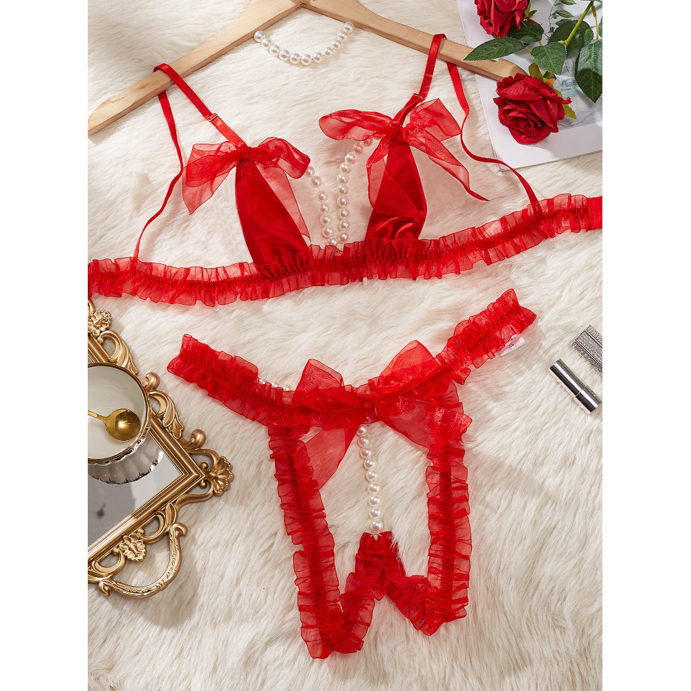 House Of Dasein Lace Patchwork Pearl Chain Lingerie Set - Red - L