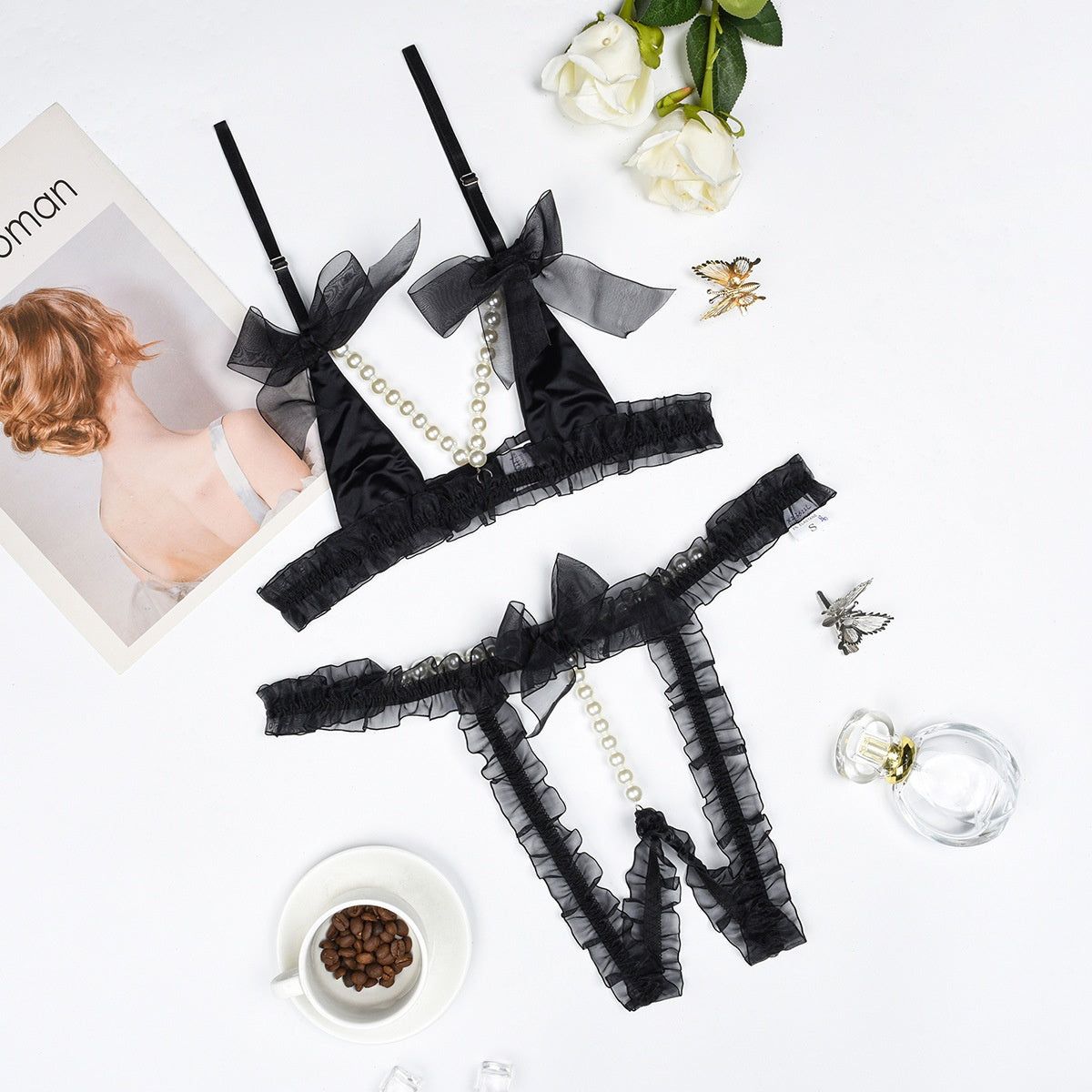 House Of Dasein Lace Patchwork Pearl Chain Lingerie Set - Black - L