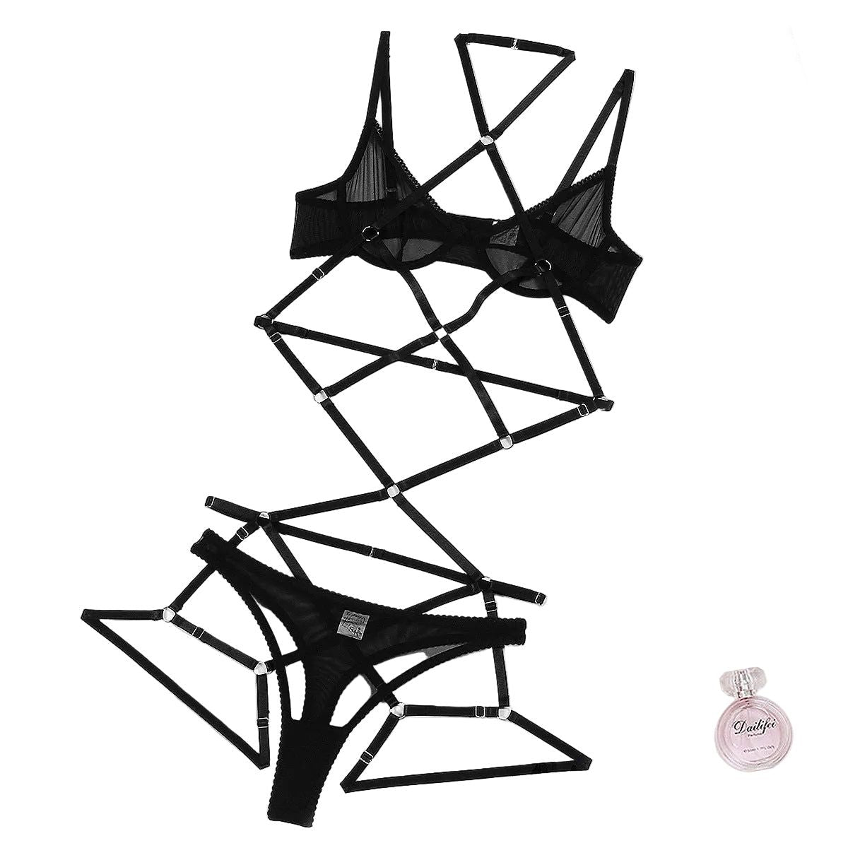 House Of Dasein Sexy Mesh See Through Hollow Out Strap Hanging Neck Three Piece Lingerie Set - Black - M