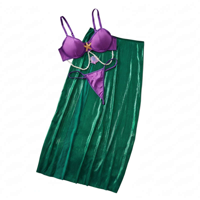 House Of Dasein Cute Girl Sweet And Sexy Beaded Chain Strap Forked Long Skirt Separated Lingerie Set - Violet - M