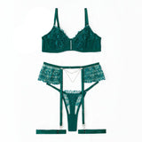 House Of Dasein Sexy Separated Lace Embroidery Sheer Mesh With Leg Ring Erotic Underwear Five Piece Set - Green - S