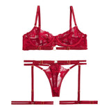 House Of Dasein Style Sexy Underwire Gathered French Lace Embroidered Tie Strap Pure Desire Hollow Out Four Piece Set Lingerie Suit - Red - S