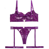 House Of Dasein Style Sexy Underwire Gathered French Lace Embroidered Tie Strap Pure Desire Hollow Out Four Piece Set Lingerie Suit - Purple - Xl