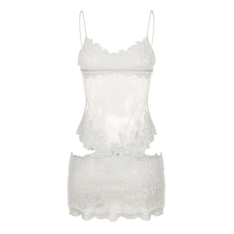 House Of Dasein Sexy Transparent Lace Mesh Fitted Strapless Dress Women's Bodycon Skirt Lingerie - White - M